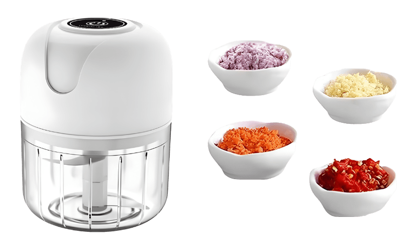Início 20 Mini processador elétrico recarregável USB com recipientes mostrando alimentos picados como alho e legumes