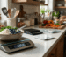 Balança digital de cozinha premium em destaque em cena de comparação com outros modelos desfocados ao fundo, estilo review profissional