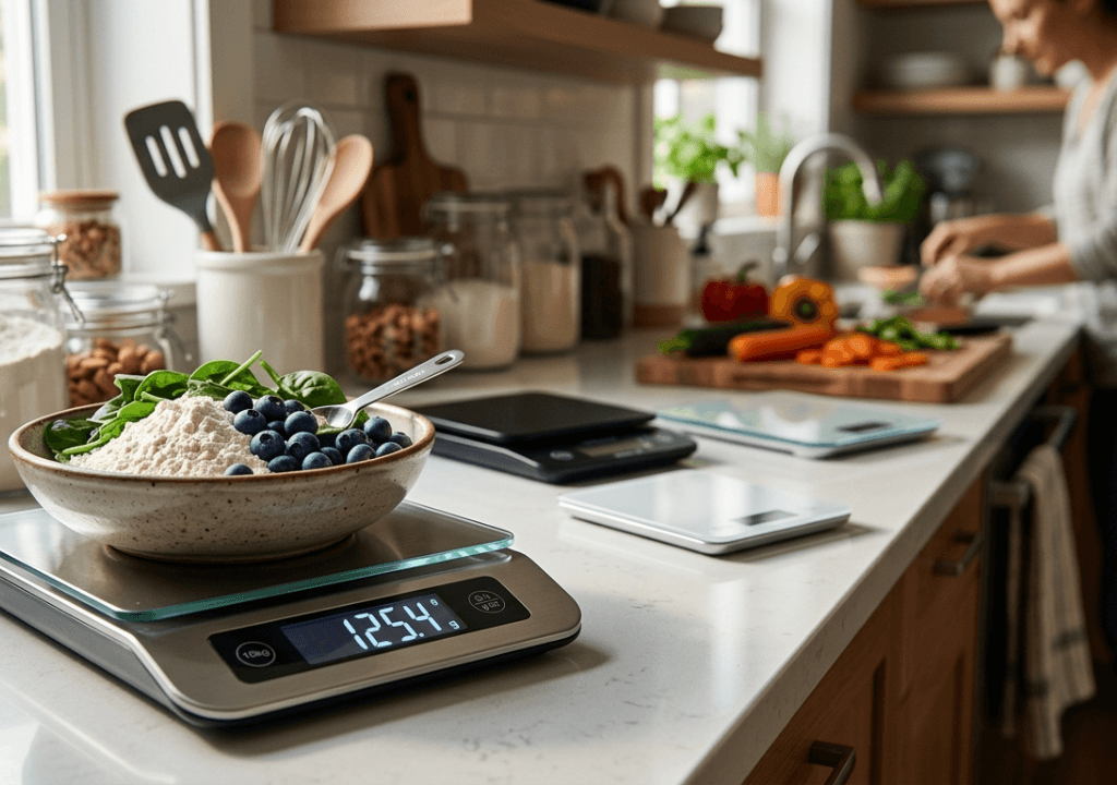 Início 45 Balança digital de cozinha premium em destaque em cena de comparação com outros modelos desfocados ao fundo, estilo review profissional